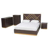 Arcelia Contemporary Glam and Luxe Two-Tone Dark Brown and Gold Finished Wood Queen Size 4-Piece Bedroom Set with Chest