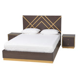 Arcelia Contemporary Glam and Luxe Two-Tone Dark Brown and Gold Finished Wood Queen Size 3-Piece Bedroom Set