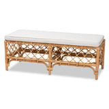 Orchard Modern Bohemian White Fabric Upholstered and Natural Brown Rattan Bench