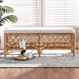Baxton Studio Orchard Modern Bohemian White Fabric Upholstered and Natural Brown Rattan Bench