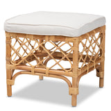 Orchard Modern Bohemian White Fabric Upholstered and Natural Brown Rattan Ottoman
