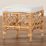 Baxton Studio Orchard Modern Bohemian White Fabric Upholstered and Natural Brown Rattan Ottoman
