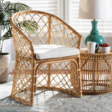Baxton Studio Orchard Modern Bohemian White Fabric Upholstered and Natural Brown Rattan Dining Chair