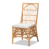 Rose Modern Bohemian White Fabric Upholstered and Natural Brown Rattan Dining Chair