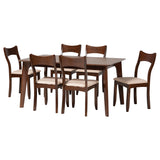 Baxton Studio Adreana Mid-Century Modern Cream Fabric and Dark Brown Finished Wood 7-Piece Dining Set