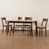 Baxton Studio Adreana Mid-Century Modern Cream Fabric and Dark Brown Finished Wood 6-Piece Dining Set