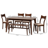 Baxton Studio Adreana Mid-Century Modern Cream Fabric and Dark Brown Finished Wood 6-Piece Dining Set