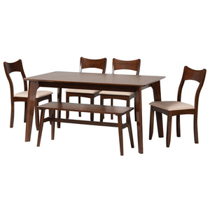 Baxton Studio Adreana Mid-Century Modern Cream Fabric and Dark Brown Finished Wood 6-Piece Dining Set