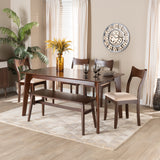 Baxton Studio Adreana Mid-Century Modern Cream Fabric and Dark Brown Finished Wood 6-Piece Dining Set