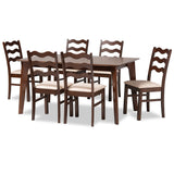 Baxton Studio Amara Mid-Century Modern Cream Fabric and Dark Brown Finished Wood 7-Piece Dining Set