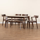 Baxton Studio Berenice Mid-Century Modern Transitional Warm Grey Fabric and Dark Brown Finished Wood 6-Piece Dining Set