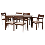 Baxton Studio Helene Mid-Century Modern Cream Fabric and Dark Brown Finished Wood 7-Piece Dining Set