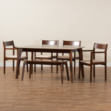 Baxton Studio Helene Mid-Century Modern Cream Fabric and Dark Brown Finished Wood 6-Piece Dining Set