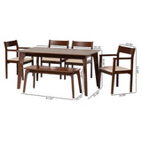 Baxton Studio Helene Mid-Century Modern Cream Fabric and Dark Brown Finished Wood 6-Piece Dining Set