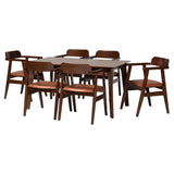 Baxton Studio Cleo Mid-Century Modern Light Brown Faux Leather and Dark Brown Finished Wood 7-Piece Dining Set