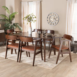 Baxton Studio Cleo Mid-Century Modern Light Brown Faux Leather and Dark Brown Finished Wood 7-Piece Dining Set