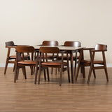 Baxton Studio Cleo Mid-Century Modern Light Brown Faux Leather and Dark Brown Finished Wood 7-Piece Dining Set