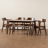 Baxton Studio Cleo Mid-Century Modern Light Brown Faux Leather and Dark Brown Finished Wood 6-Piece Dining Set