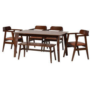 Baxton Studio Cleo Mid-Century Modern Light Brown Faux Leather and Dark Brown Finished Wood 6-Piece Dining Set