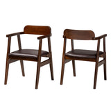Cleo Mid-Century Modern Faux Leather and Dark Brown Finished Wood 2-Piece Dining Chair Set