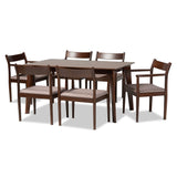 Baxton Studio Coretta Mid-Century Modern Warm Grey Fabric and Dark Brown Finished Wood 7-Piece Dining Set