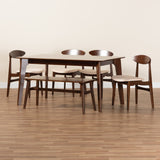 Baxton Studio Daria Mid-Century Modern Cream Fabric and Dark Brown Finished Wood 6-Piece Dining Set