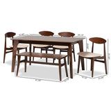 Baxton Studio Daria Mid-Century Modern Cream Fabric and Dark Brown Finished Wood 6-Piece Dining Set