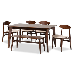 Baxton Studio Daria Mid-Century Modern Cream Fabric and Dark Brown Finished Wood 6-Piece Dining Set