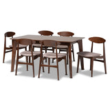 Baxton Studio Daria Mid-Century Modern Warm Grey Fabric and Dark Brown Finished Wood 7-Piece Dining Set