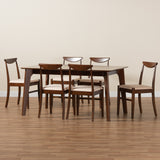 Baxton Studio Delphina Mid-Century Modern Cream Fabric and Dark Brown Finished Wood 7-Piece Dining Set