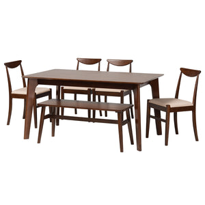 Baxton Studio Delphina Mid-Century Modern Cream Fabric and Dark Brown Finished Wood 6-Piece Dining Set