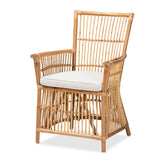 Rose Modern Bohemian White Fabric Upholstered and Natural Brown Rattan Armchair
