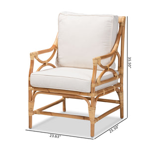 Baxton Studio Brandon Modern Bohemian White Fabric Upholstered and Natural Brown Rattan Armchair