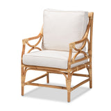 Baxton Studio Brandon Modern Bohemian White Fabric Upholstered and Natural Brown Rattan Armchair