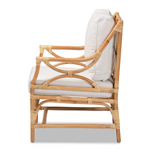 Baxton Studio Brandon Modern Bohemian White Fabric Upholstered and Natural Brown Rattan Armchair