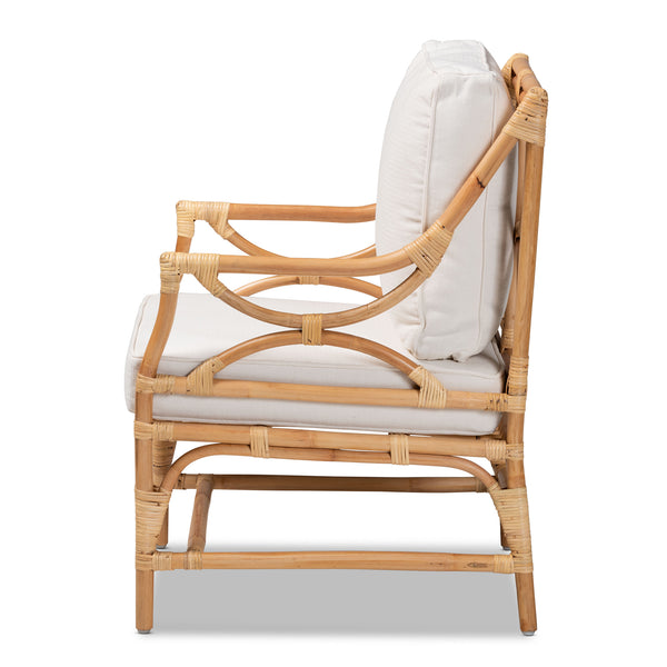 Baxton Studio Brandon Modern Bohemian White Fabric Upholstered and Natural Brown Rattan Armchair