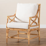 Baxton Studio Brandon Modern Bohemian White Fabric Upholstered and Natural Brown Rattan Armchair