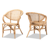 Varick Modern Bohemian Natural Brown Finished Rattan 2-Piece Dining Chair Set