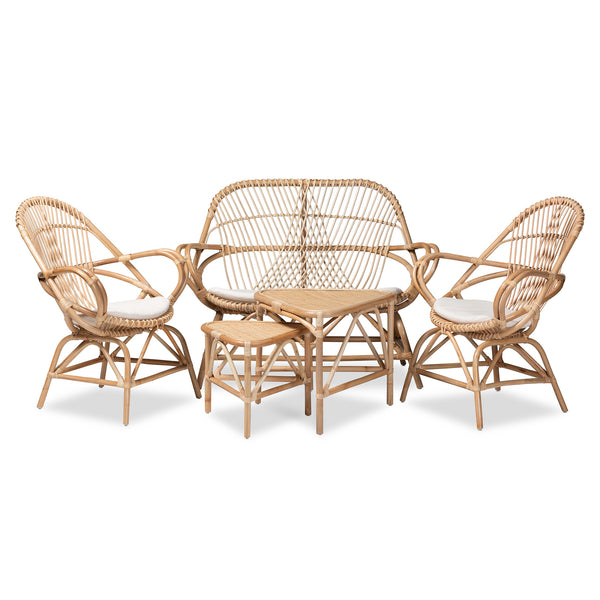 Jayden Modern Bohemian White Fabric Upholstered and Natural Brown Finished Rattan 5-Piece Living Room Set