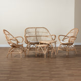 Jayden Modern Bohemian White Fabric Upholstered and Natural Brown Finished Rattan 5-Piece Living Room Set