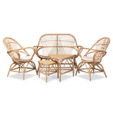 Jayden Modern Bohemian White Fabric Upholstered and Natural Brown Finished Rattan 5-Piece Living Room Set