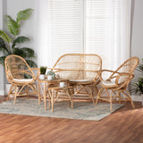 Jayden Modern Bohemian White Fabric Upholstered and Natural Brown Finished Rattan 5-Piece Living Room Set