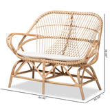 Jayden Modern Bohemian White Fabric Upholstered and Natural Brown Finished Rattan Loveseat