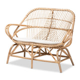 Jayden Modern Bohemian White Fabric Upholstered and Natural Brown Finished Rattan Loveseat