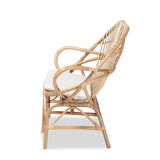 Jayden Modern Bohemian White Fabric Upholstered and Natural Brown Finished Rattan Loveseat