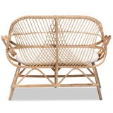 Jayden Modern Bohemian White Fabric Upholstered and Natural Brown Finished Rattan Loveseat