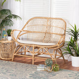 Jayden Modern Bohemian White Fabric Upholstered and Natural Brown Finished Rattan Loveseat