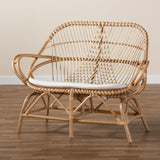 Jayden Modern Bohemian White Fabric Upholstered and Natural Brown Finished Rattan Loveseat