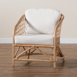 Baxton Studio Patsy Modern Bohemian White Fabric and Natural Brown Rattan Armchair