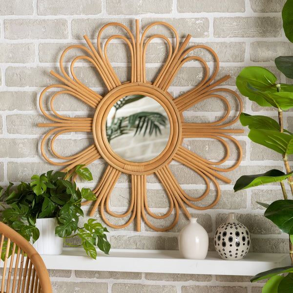 Baxton Studio Sakura Modern Bohemian Natural Brown Rattan Accent Wall Mirror